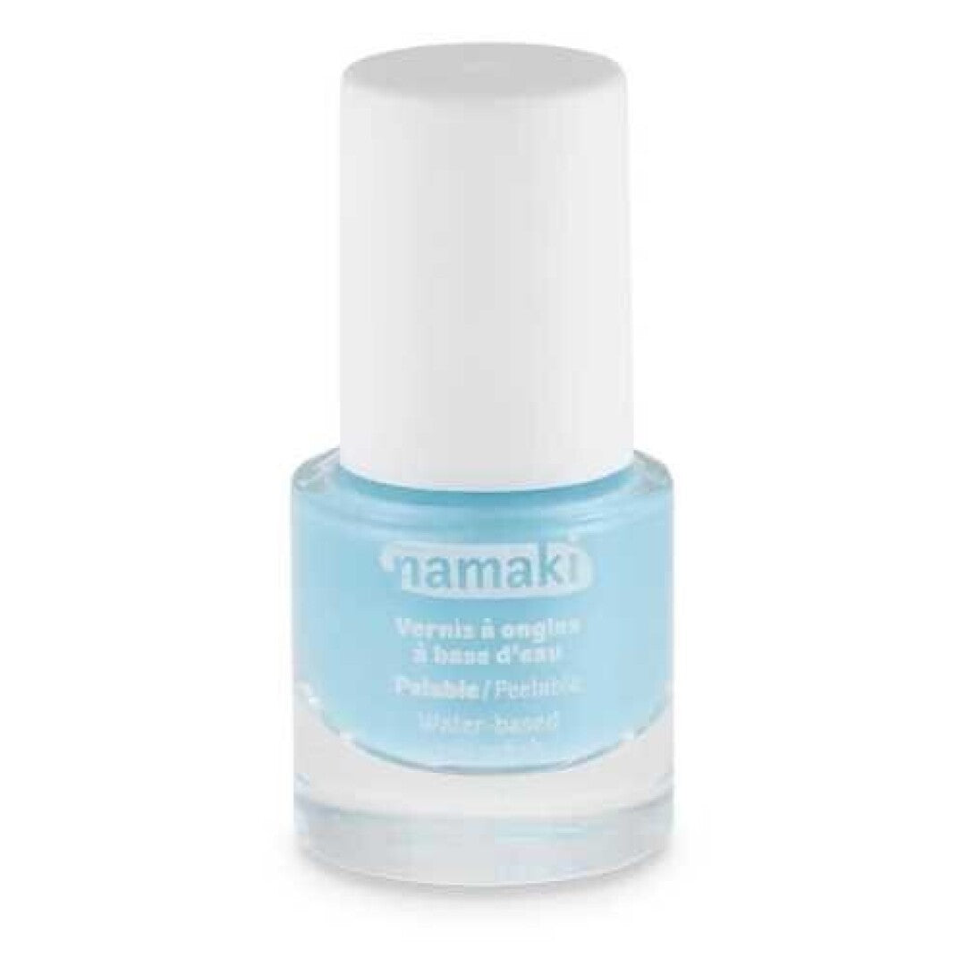 Esmalte de uñas al agua Namaki color azul Frozen, frasco de cristal con tapón blanco