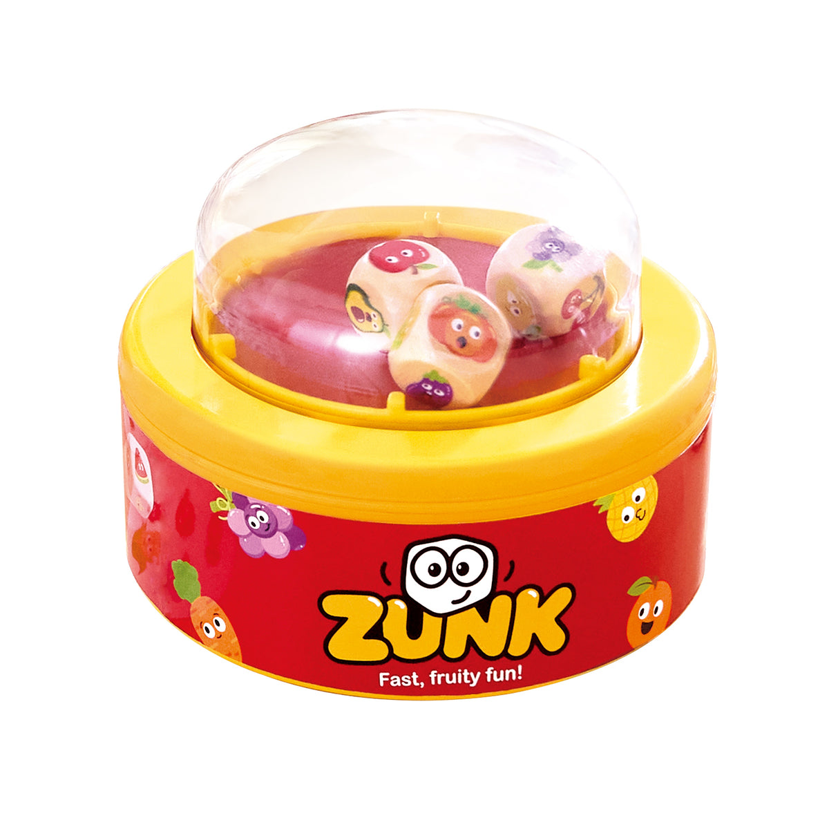 Juego Zunk con base amarilla y roja y una cúpula transparente que contiene dados de frutas y verduras.
