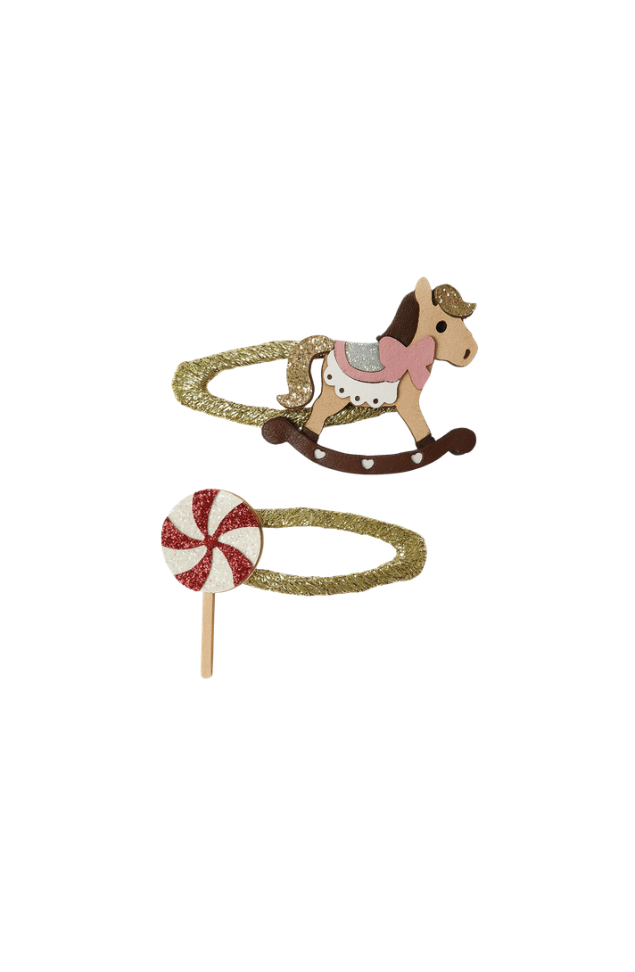 Set de 2 clips navideños Peppermint Pony: caballito y caramelo redondo