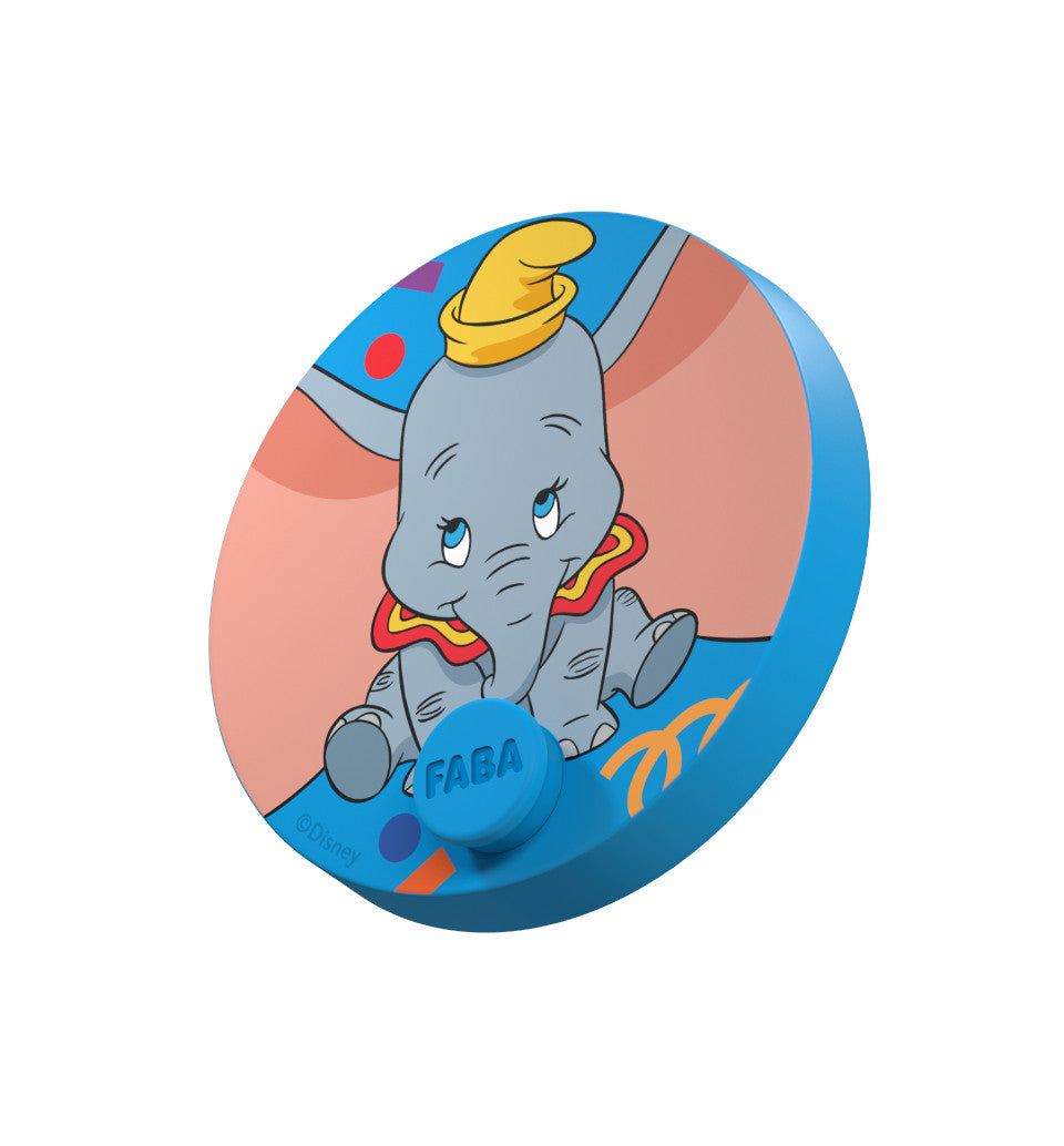 Disco Sonoro azul de Dumbo con el elefante gris sentado y el botón con el logo de Faba