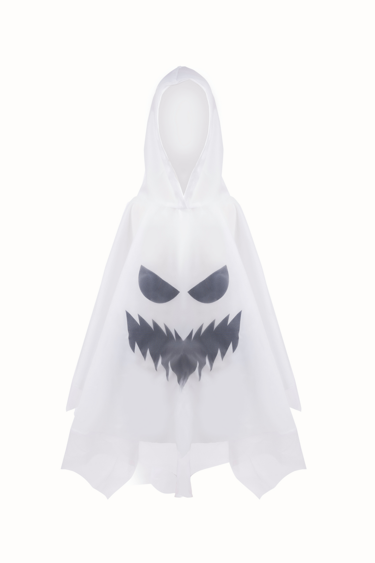 Poncho blanco de fantasma con capucha y cara negra sobre fondo blanco