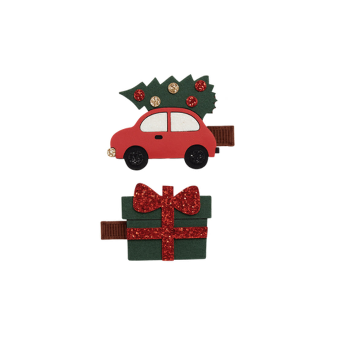 Set de 2 clips navideños Driving home for Christmas: coche rojo con árbol y regalo verde con lazo rojo