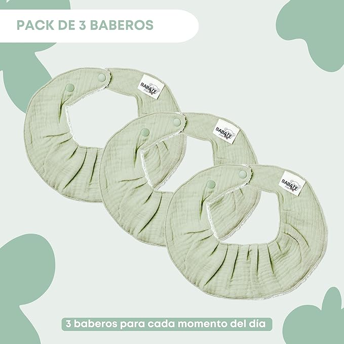 Babero algodón monocolor Verde Pack 3 Babaté Kids