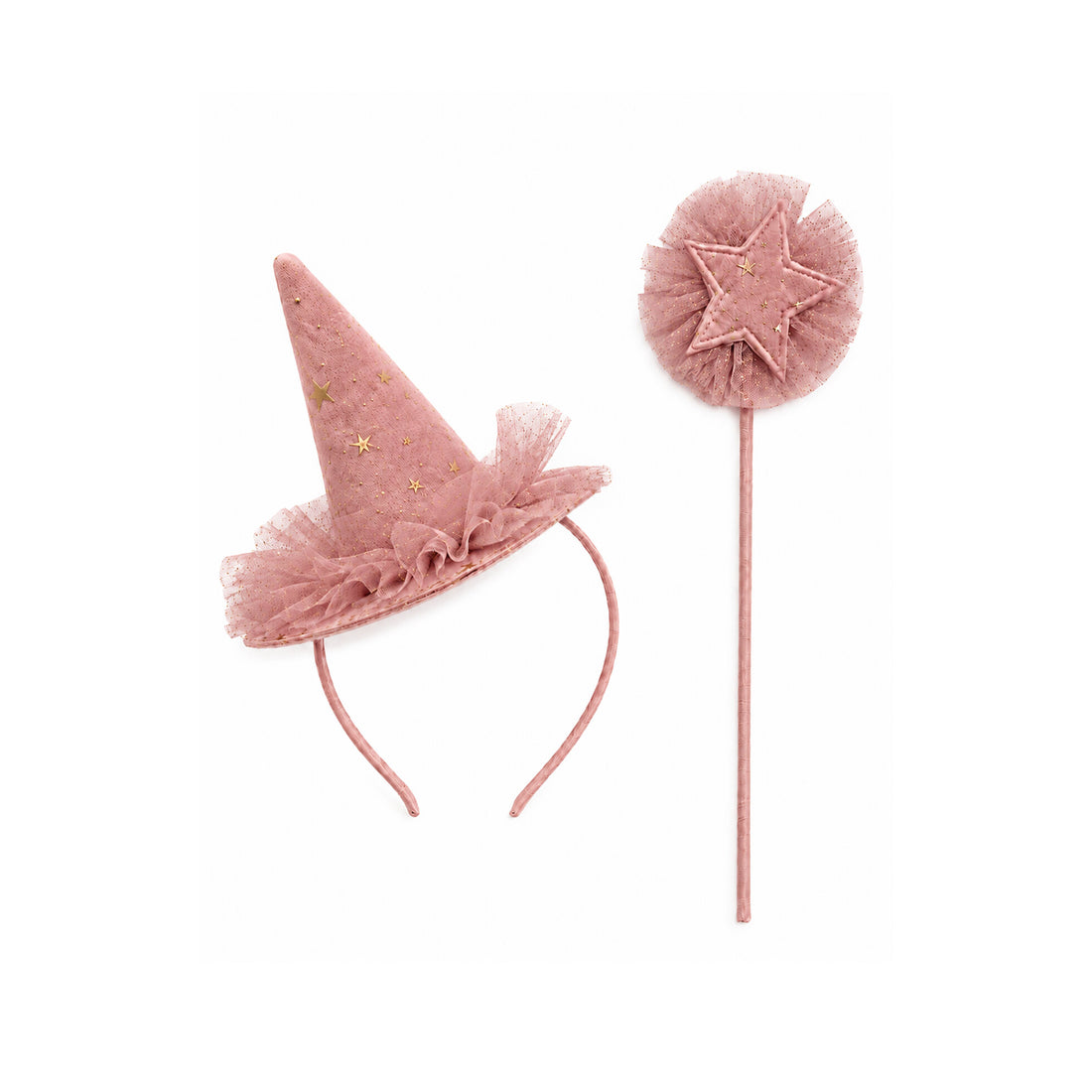 Set de bruja rosa oscuro con diadema de mini sombrero y varita con estrella de tul
