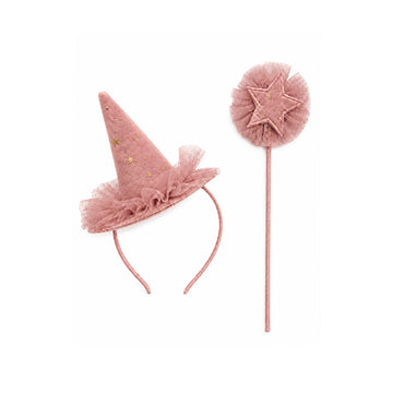 Set pequeña Bruja rosa oscuro con diadema de sombrero y varita.