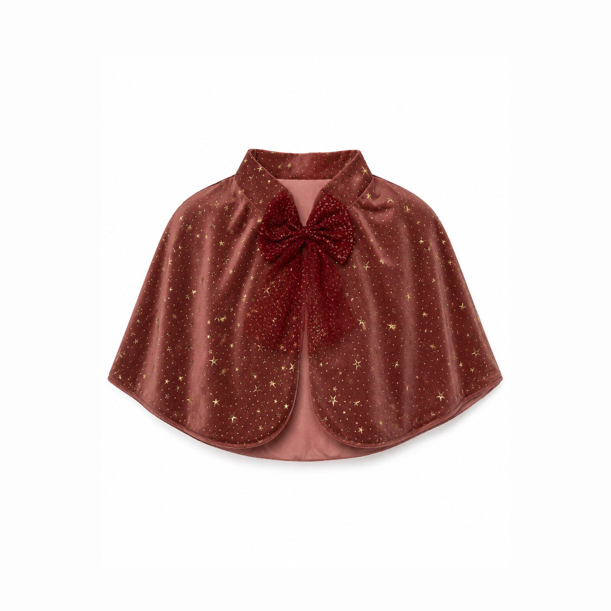 Capa pequeña Bruja granate con estrellas y lazo al cuello.