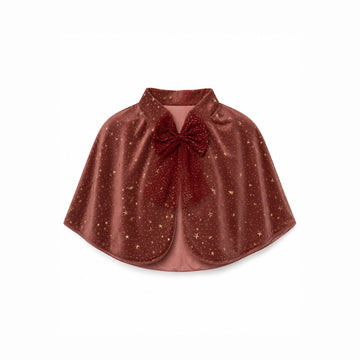Capa pequeña Bruja granate con estrellas y lazo al cuello.