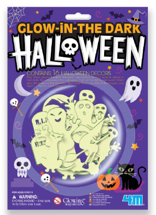 Envase morado de adornos luminosos de Halloween con figuras de fantasmas, gatos y lápidas.
