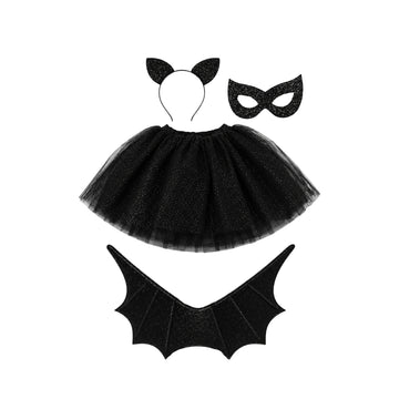 Set Miss Bat negro con falda, alas, antifaz y diadema de orejas.