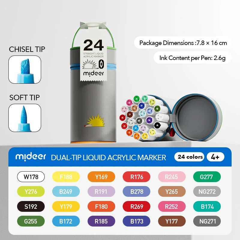 Marcadores Acrílicos Líquidos con Punta Doble (24 colores) Mideer