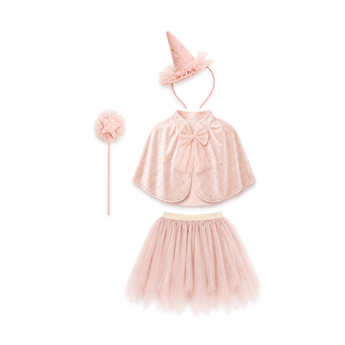 Set Ravenna rosa con diadema de sombrero, varita, capa y falda.