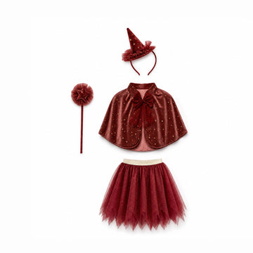 Set Ravenna granate con diadema de sombrero, varita, capa y falda.