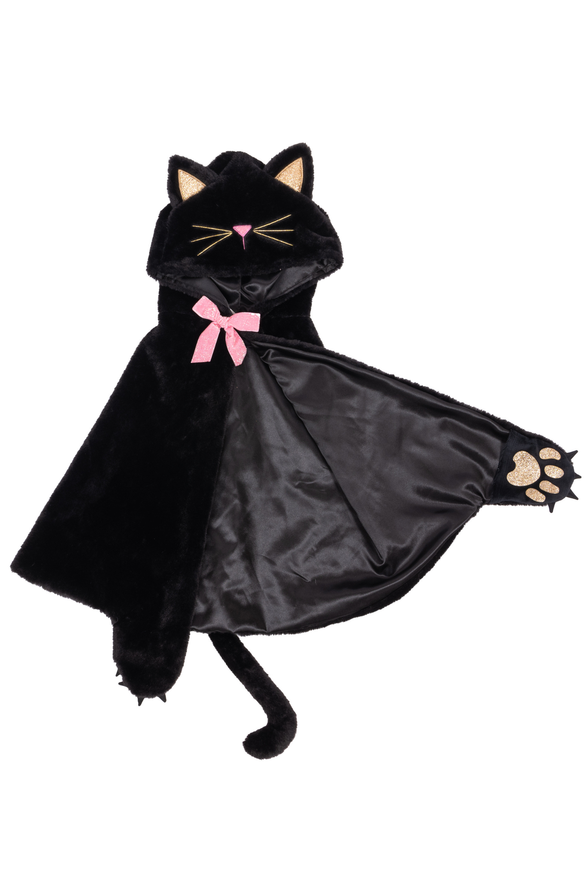 Capa de peluche negro con capucha de gato, lazo rosa y cola sobre fondo blanco