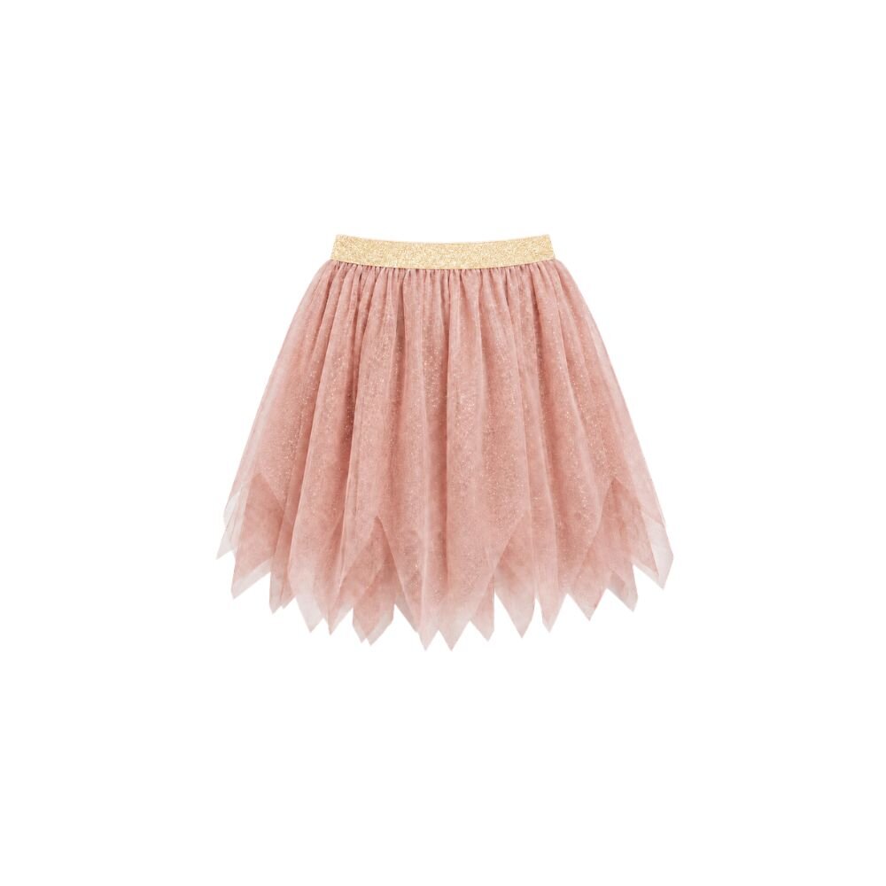 Falda de tul Millie rosa con acabado brillante y cinturilla clara.