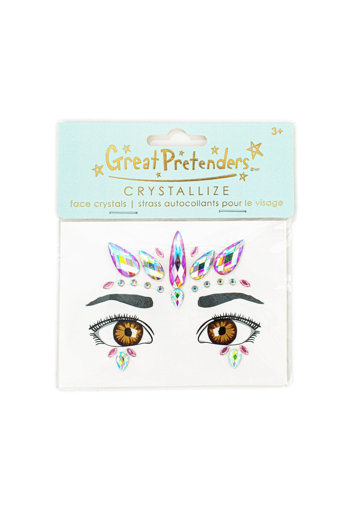 Envase de cristales adhesivos para la cara con joyas rosas y turquesas sobre unos ojos dibujados