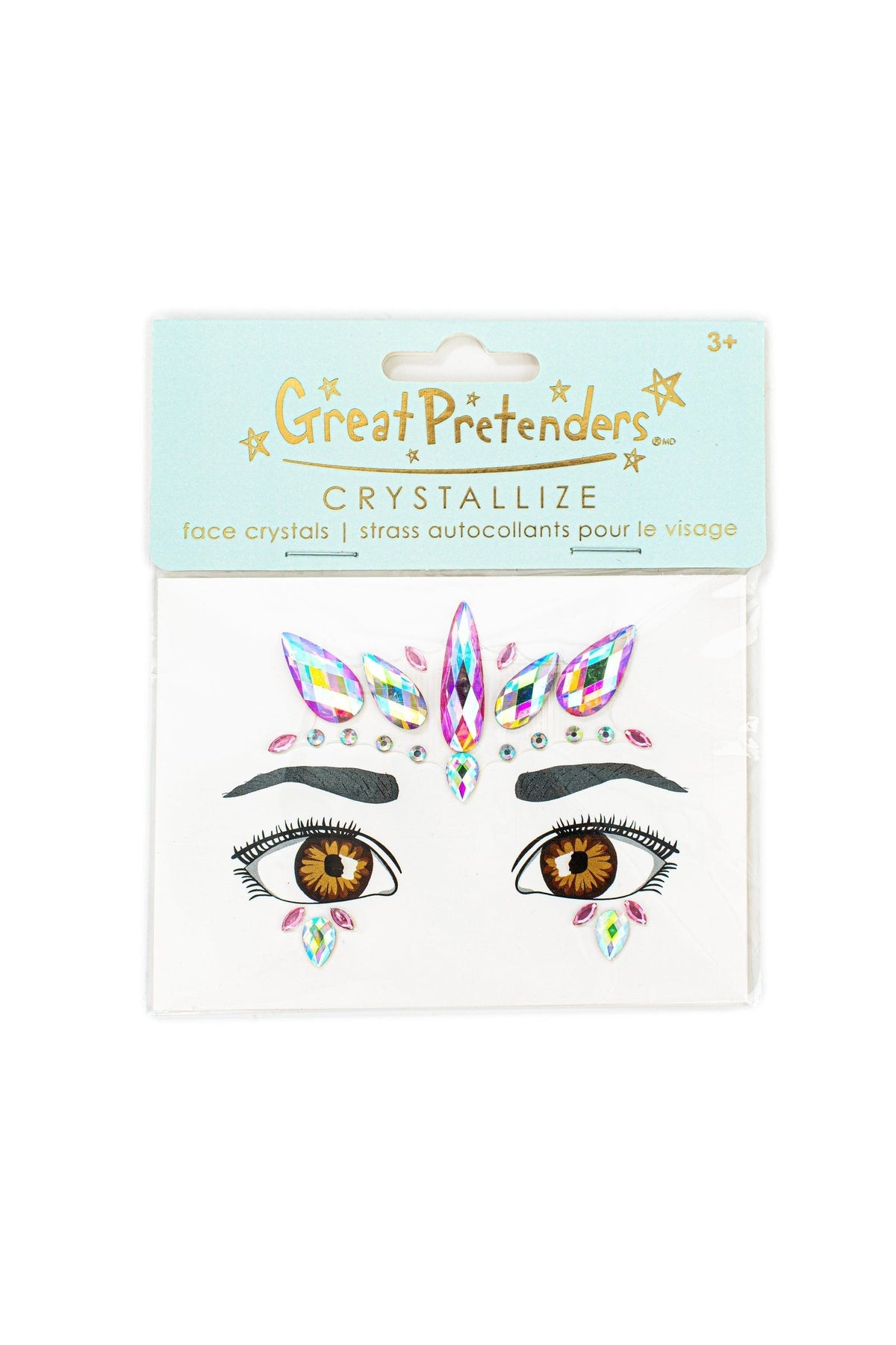Envase de cristales adhesivos para la cara con joyas rosas y turquesas sobre unos ojos dibujados