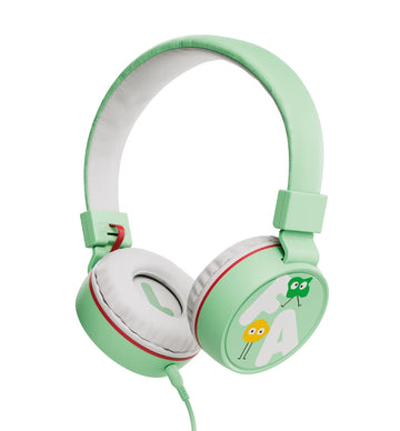 Auriculares infantiles de diadema ajustable en verde menta, con almohadillas blancas, ribete rojo, cable verde y el logo de Faba en el auricular