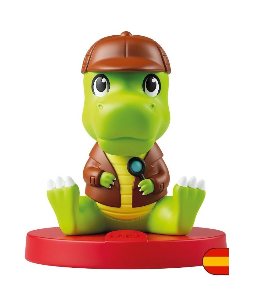 Figura del Personaje Sonoro Rexi, un joven T-Rex verde con gorra de detective marrón y lupa, sentado sobre una base roja de Faba