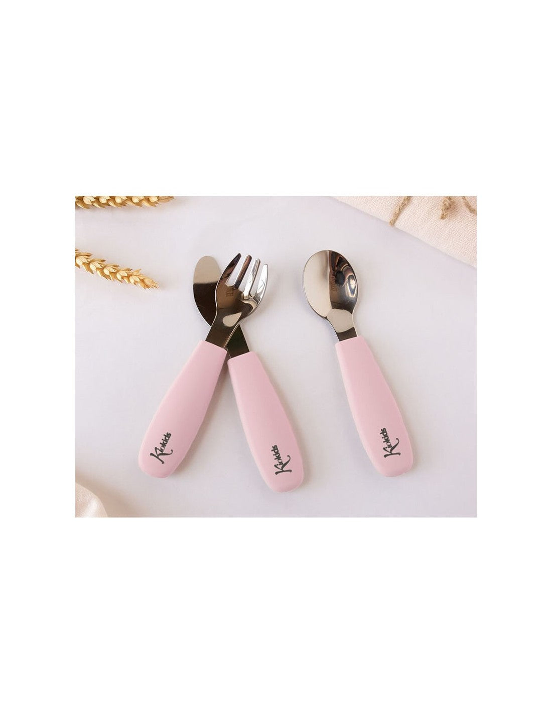 Cubiertos de Acero y Silicona Rosa Kiokids